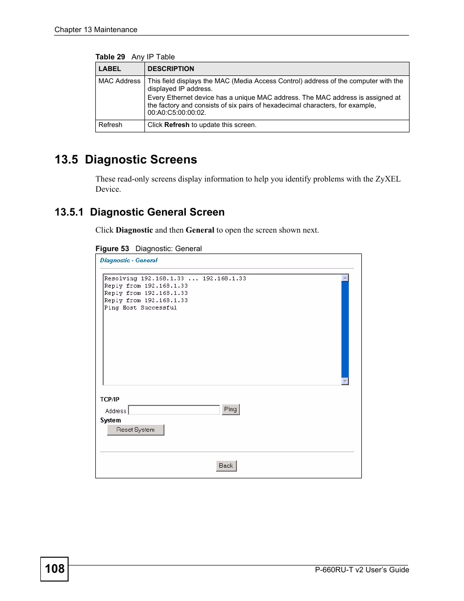 5 diagnostic screens, 1 diagnostic general screen, Figure 53 diagnostic: general | ZyXEL Communications P-660RU-T V2 User Manual | Page 108 / 168
