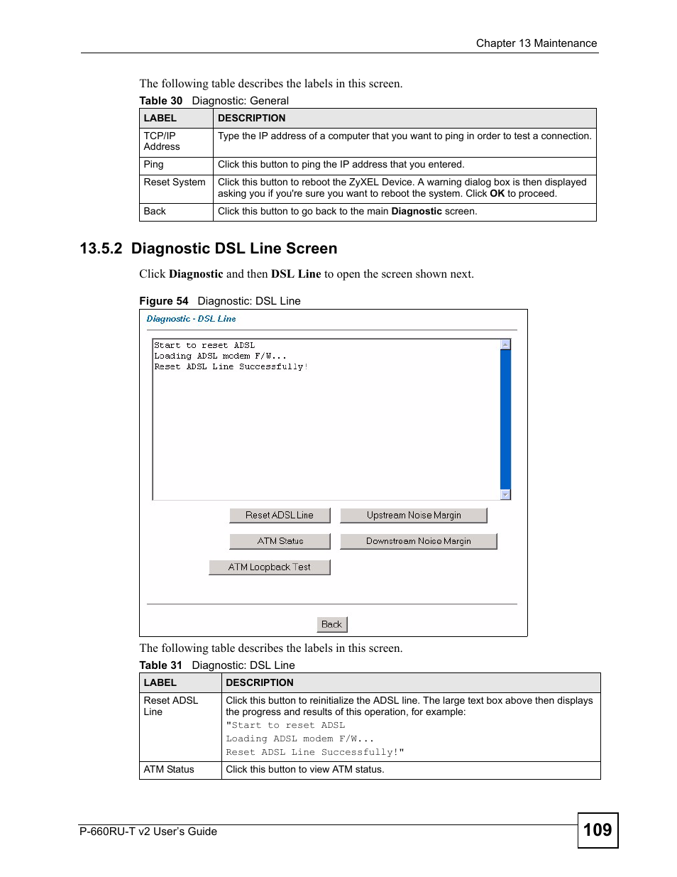 2 diagnostic dsl line screen, Figure 54 diagnostic: dsl line | ZyXEL Communications P-660RU-T V2 User Manual | Page 109 / 168