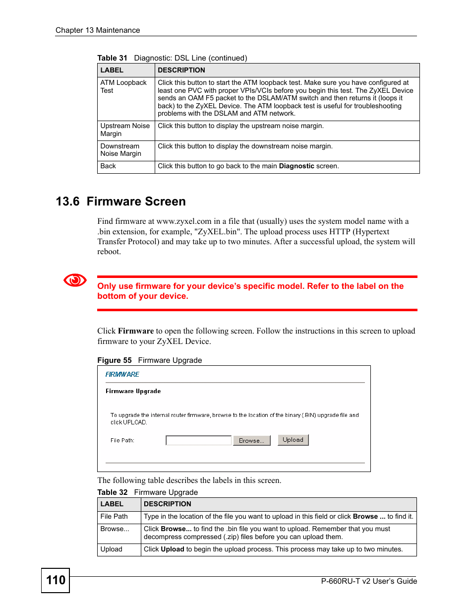 6 firmware screen, Figure 55 firmware upgrade, Table 32 firmware upgrade | ZyXEL Communications P-660RU-T V2 User Manual | Page 110 / 168