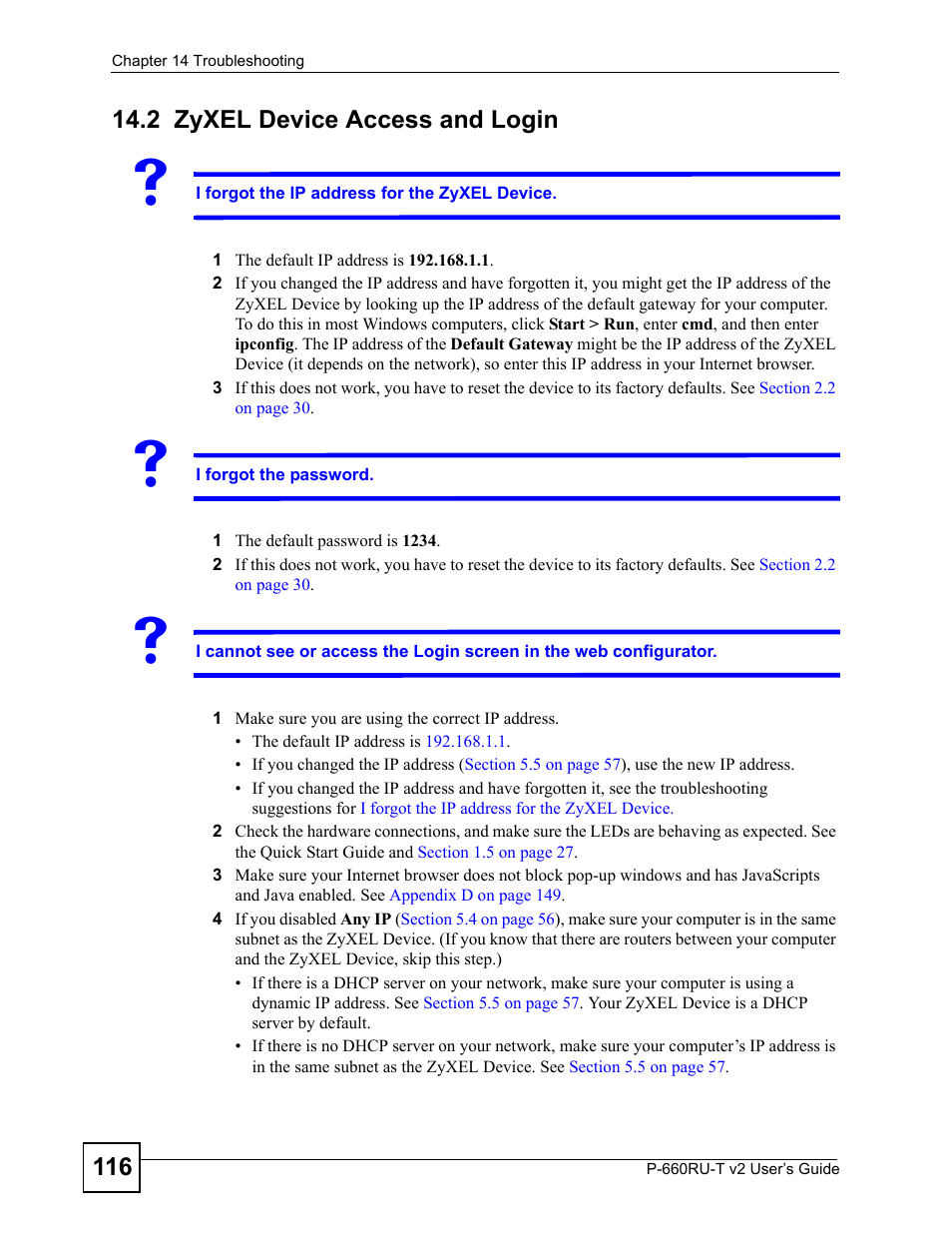2 zyxel device access and login, Zyxel device access and login | ZyXEL Communications P-660RU-T V2 User Manual | Page 116 / 168