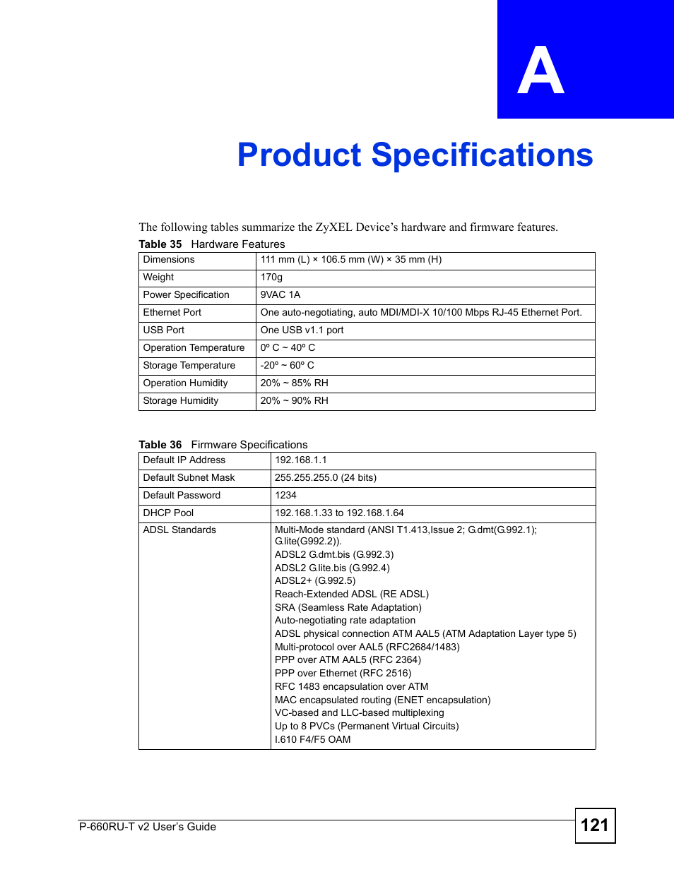 Product specifications, Appendix a product specifications, Product specifications (121) | ZyXEL Communications P-660RU-T V2 User Manual | Page 121 / 168