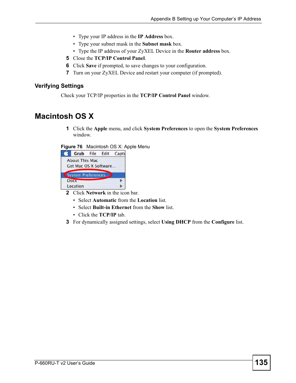 Figure 76 macintosh os x: apple menu, Macintosh os x | ZyXEL Communications P-660RU-T V2 User Manual | Page 135 / 168