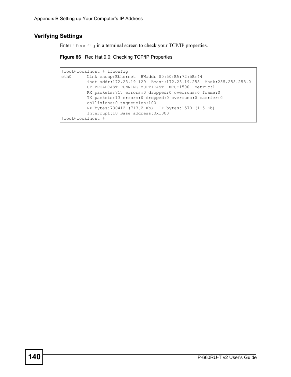 Figure 86 red hat 9.0: checking tcp/ip properties | ZyXEL Communications P-660RU-T V2 User Manual | Page 140 / 168