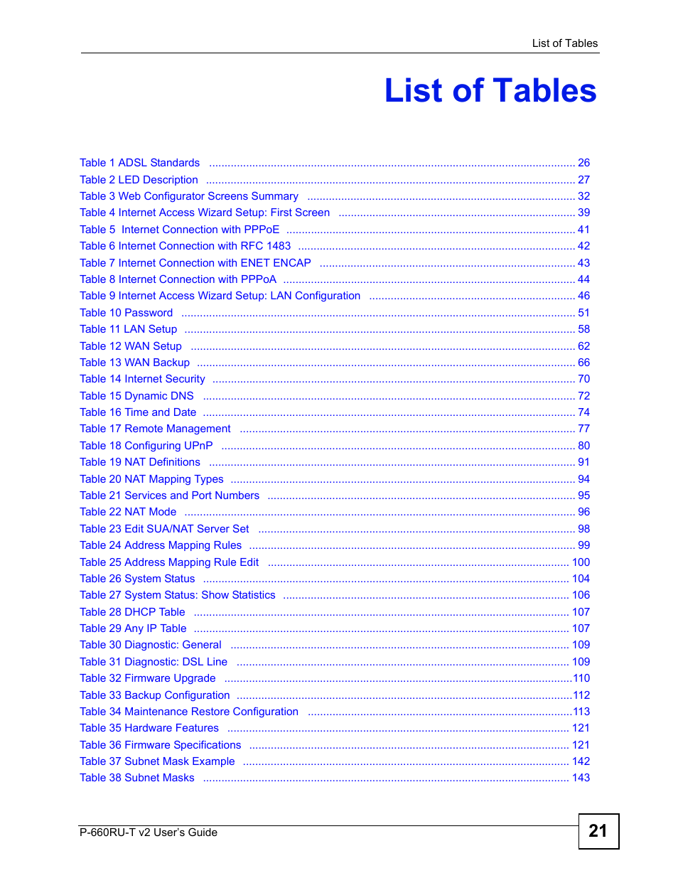List of tables | ZyXEL Communications P-660RU-T V2 User Manual | Page 21 / 168