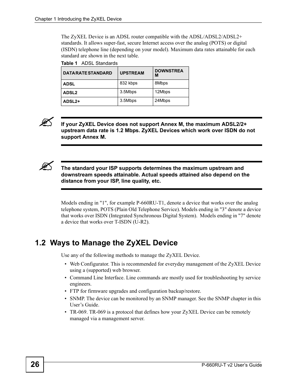 2 ways to manage the zyxel device, Table 1 adsl standards | ZyXEL Communications P-660RU-T V2 User Manual | Page 26 / 168