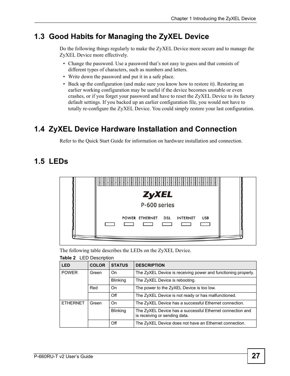 3 good habits for managing the zyxel device, 5 leds, Table 2 led description | 27 1.3 good habits for managing the zyxel device | ZyXEL Communications P-660RU-T V2 User Manual | Page 27 / 168