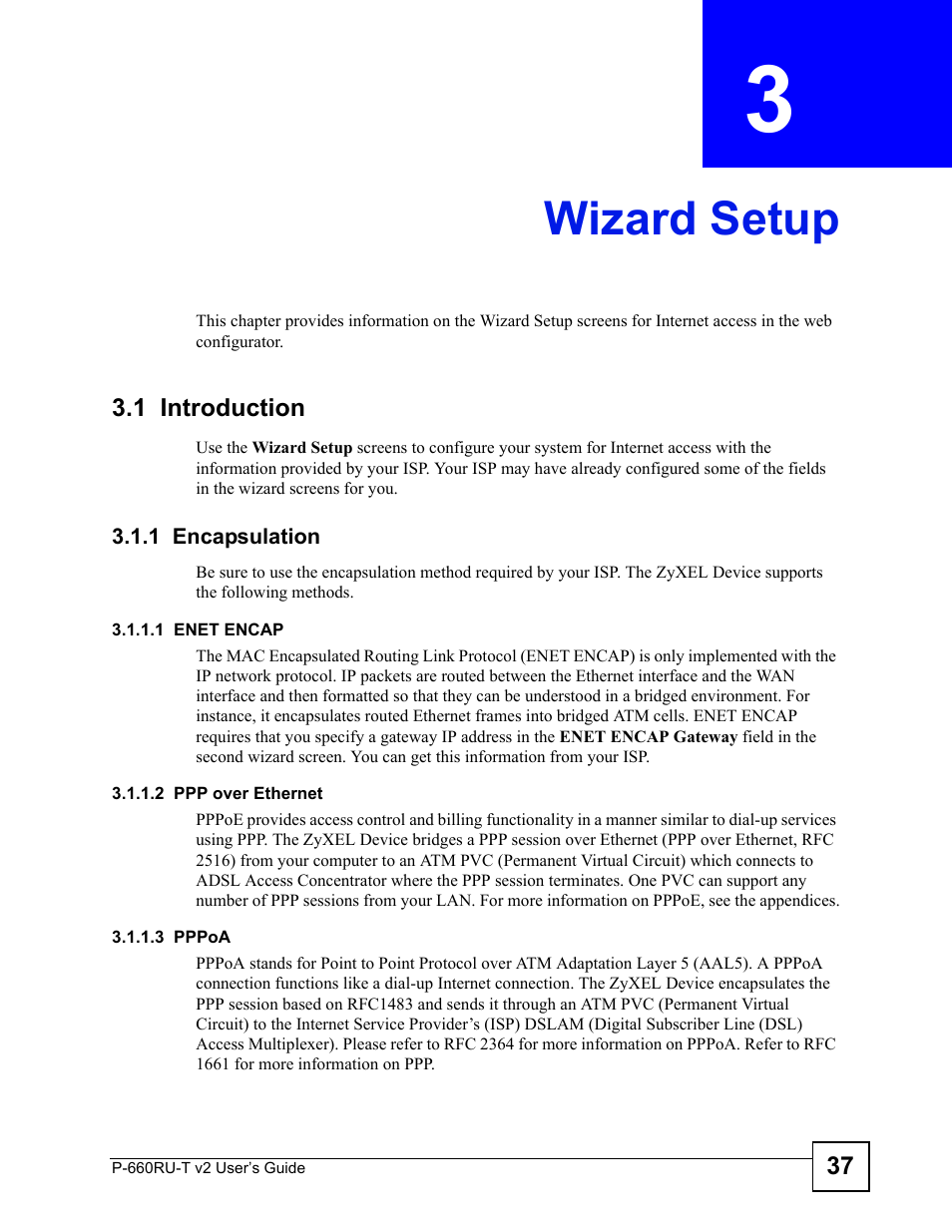 Wizard setup, 1 introduction, 1 encapsulation | Chapter 3 wizard setup | ZyXEL Communications P-660RU-T V2 User Manual | Page 37 / 168