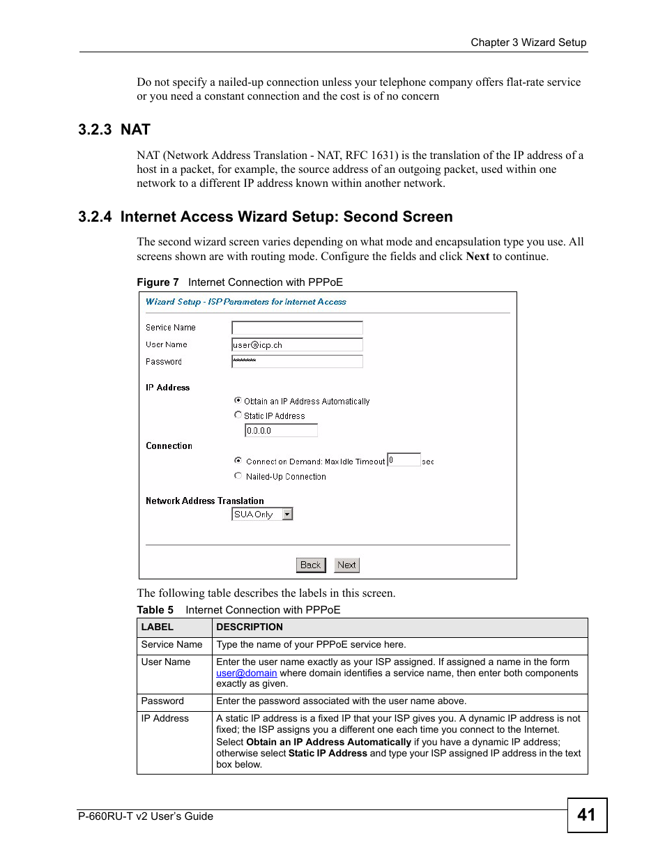 3 nat, 4 internet access wizard setup: second screen, Figure 7 internet connection with pppoe | Table 5 internet connection with pppoe | ZyXEL Communications P-660RU-T V2 User Manual | Page 41 / 168