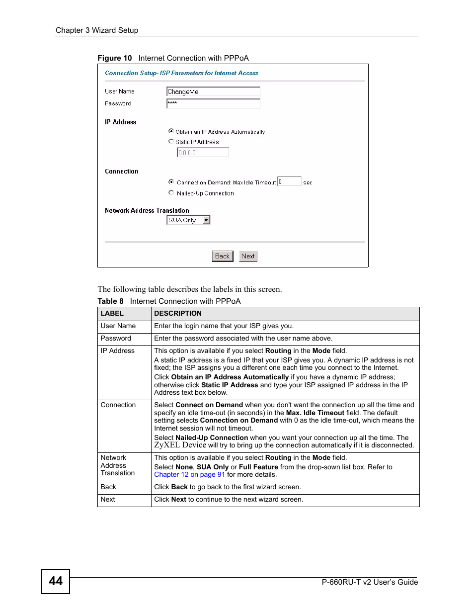 Figure 10 internet connection with pppoa, Table 8 internet connection with pppoa | ZyXEL Communications P-660RU-T V2 User Manual | Page 44 / 168
