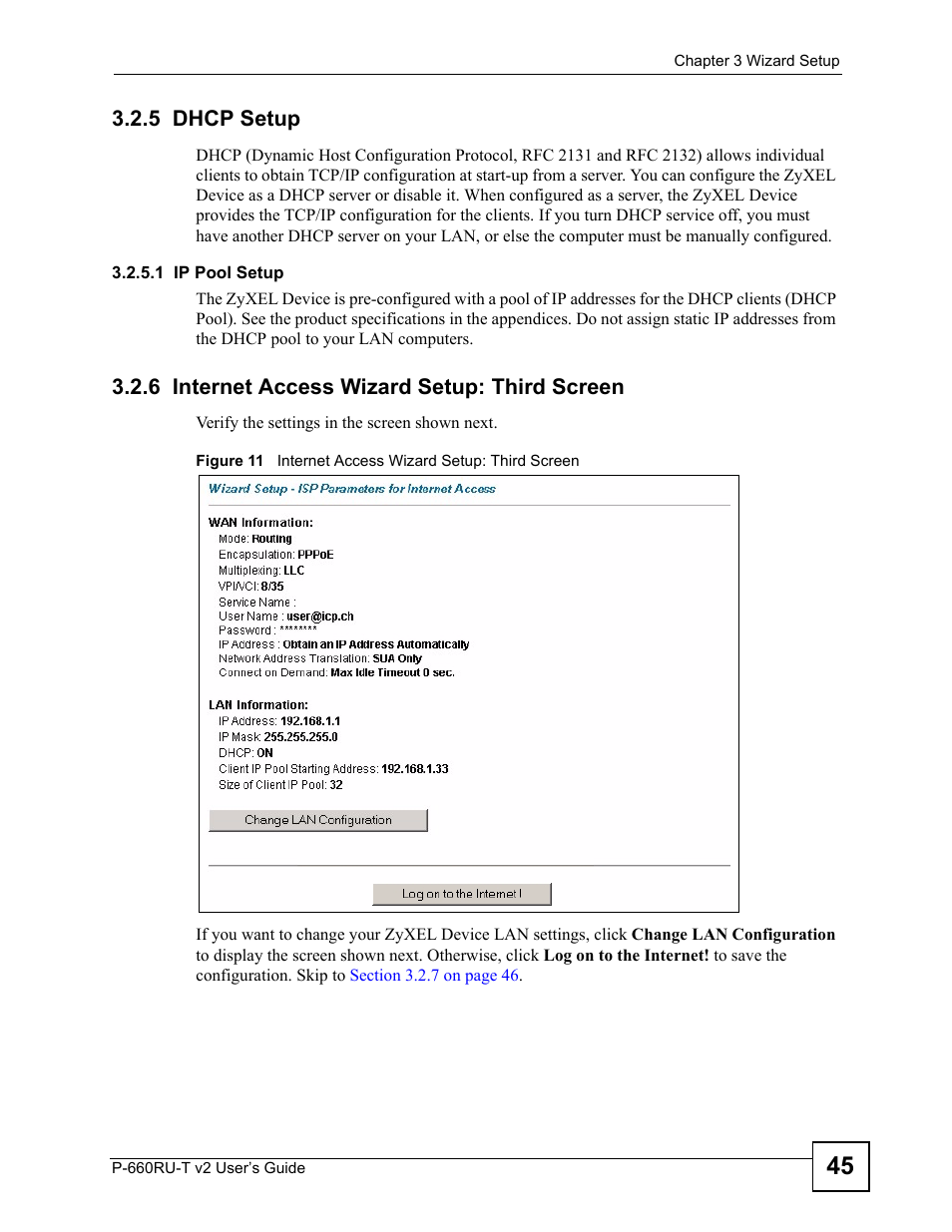 5 dhcp setup, 6 internet access wizard setup: third screen | ZyXEL Communications P-660RU-T V2 User Manual | Page 45 / 168