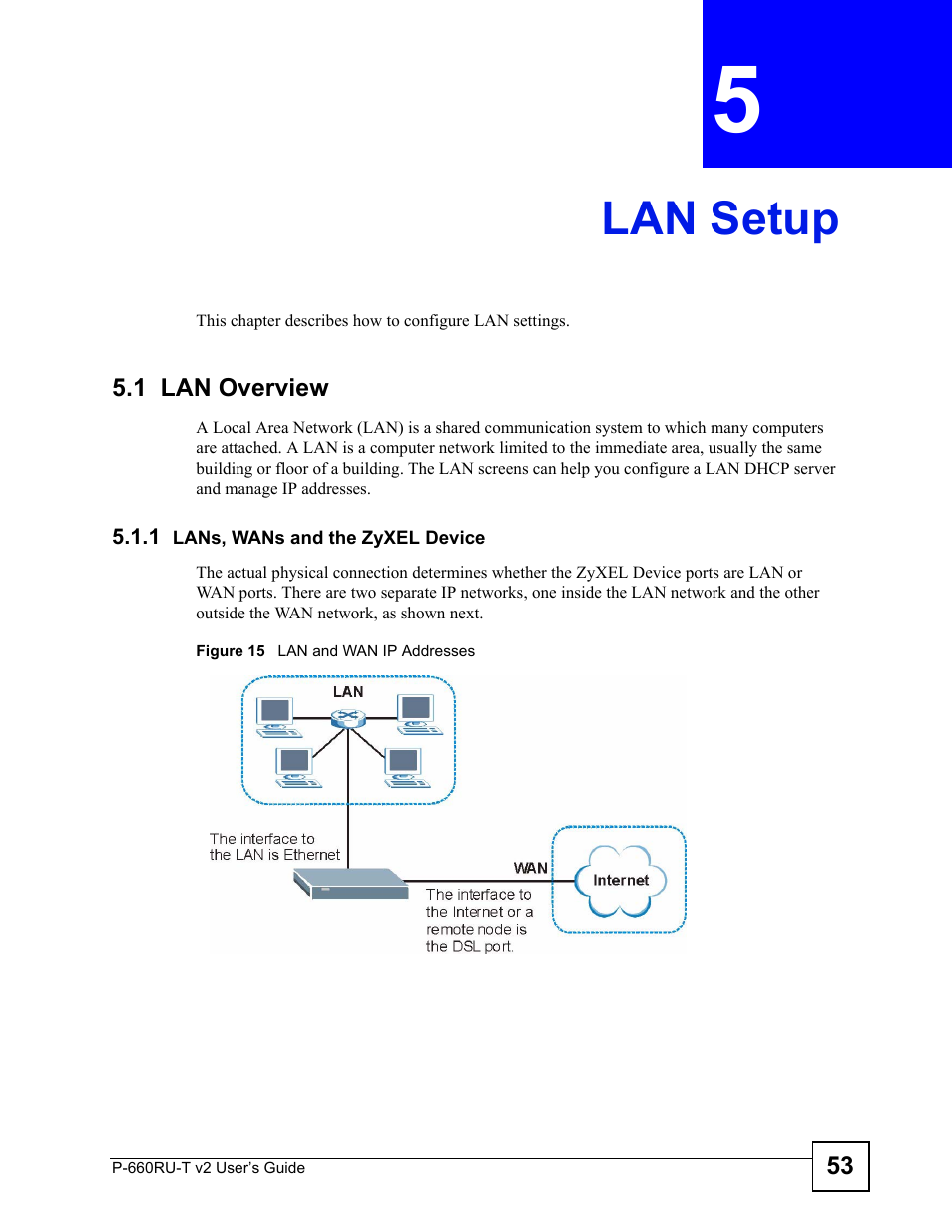 Lan setup, 1 lan overview, 1 lans, wans and the zyxel device | Chapter 5 lan setup, Figure 15 lan and wan ip addresses, Lan setup (53) | ZyXEL Communications P-660RU-T V2 User Manual | Page 53 / 168