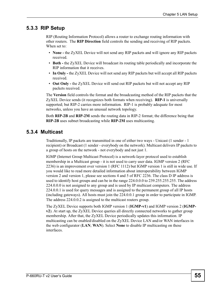 3 rip setup, 4 multicast, 3 rip setup 5.3.4 multicast | ZyXEL Communications P-660RU-T V2 User Manual | Page 55 / 168