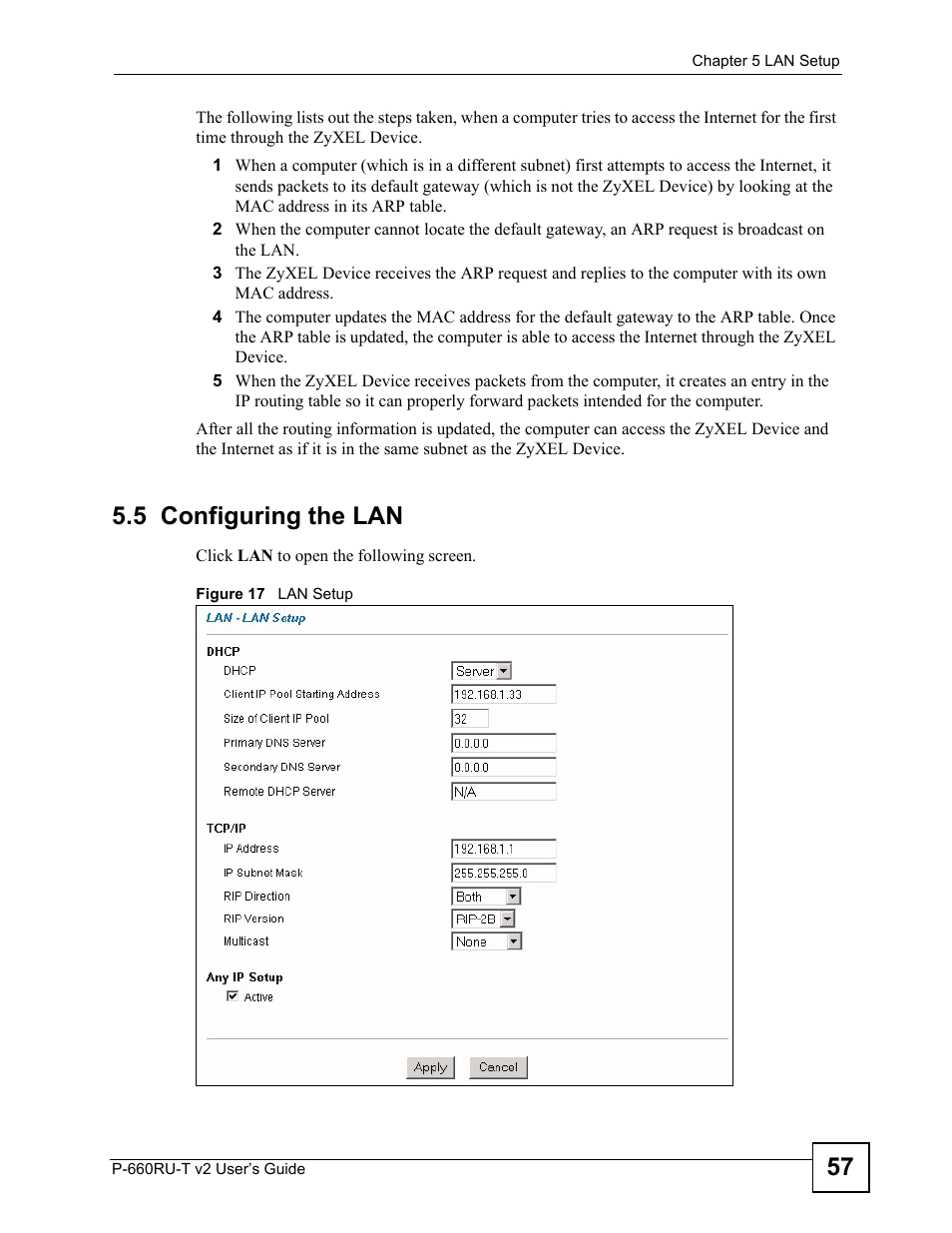 5 configuring the lan, Figure 17 lan setup | ZyXEL Communications P-660RU-T V2 User Manual | Page 57 / 168