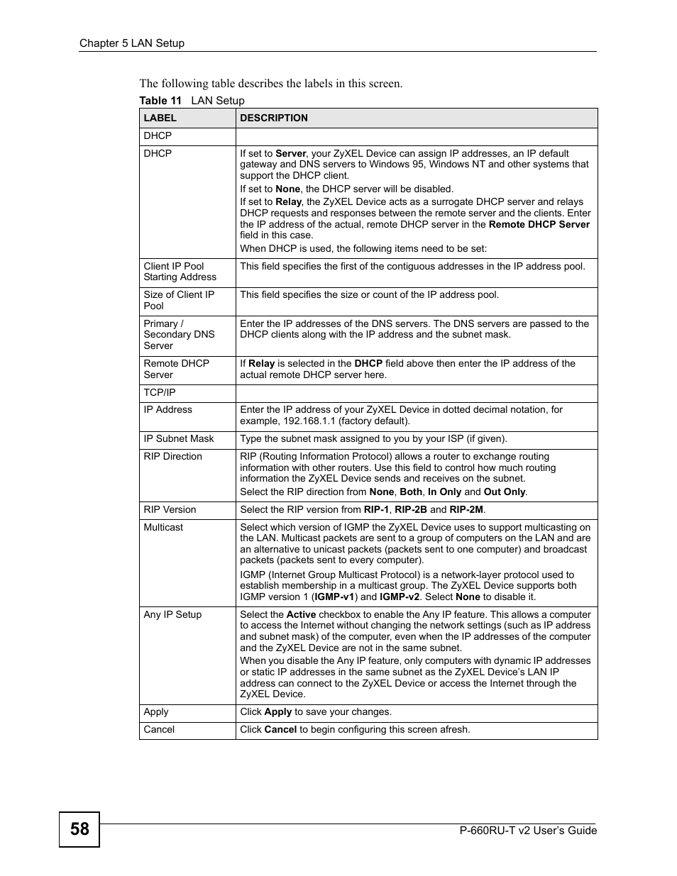 Table 11 lan setup | ZyXEL Communications P-660RU-T V2 User Manual | Page 58 / 168