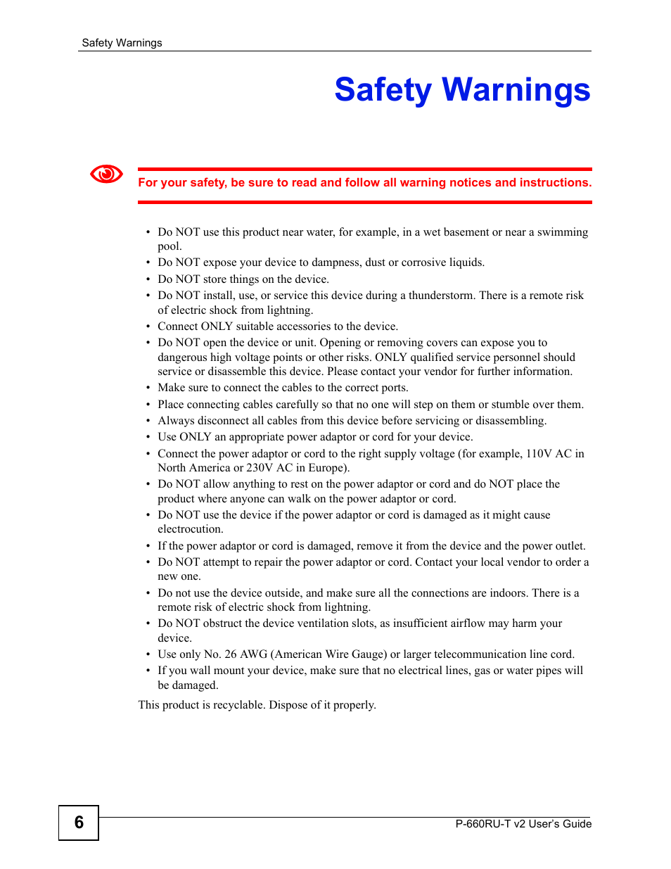 Safety warnings | ZyXEL Communications P-660RU-T V2 User Manual | Page 6 / 168