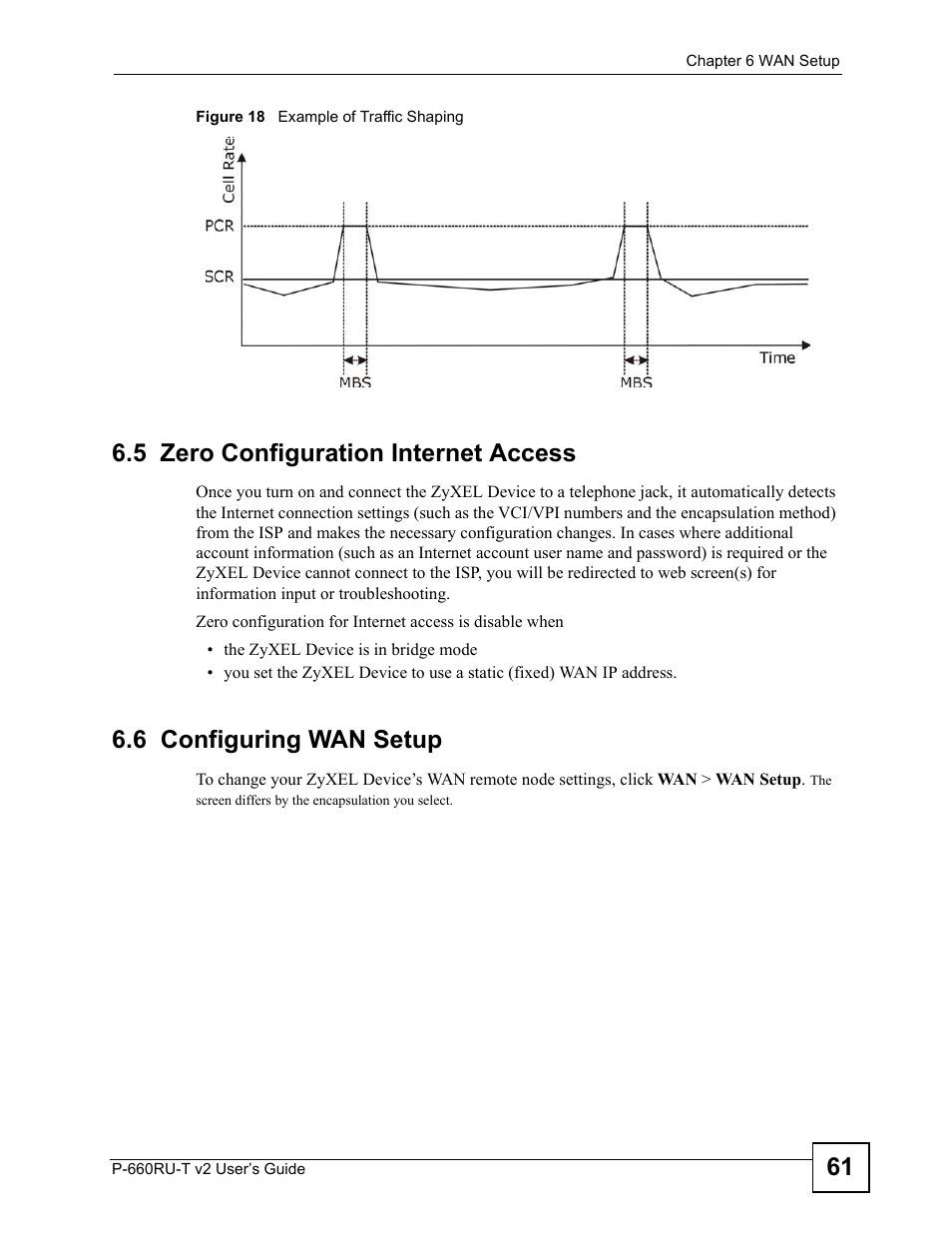 5 zero configuration internet access, 6 configuring wan setup, Figure 18 example of traffic shaping | ZyXEL Communications P-660RU-T V2 User Manual | Page 61 / 168