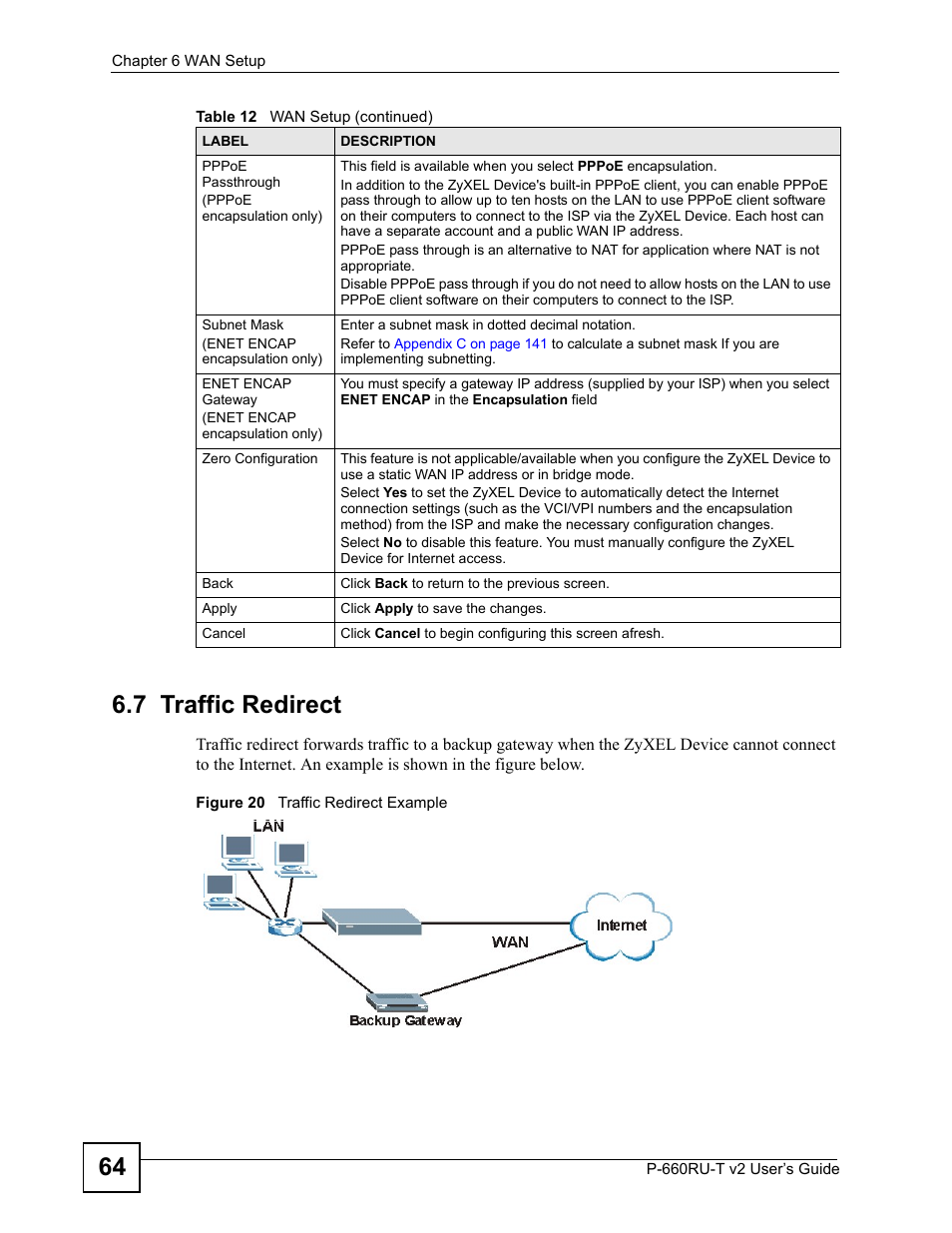 7 traffic redirect, Figure 20 traffic redirect example, 64 6.7 traffic redirect | ZyXEL Communications P-660RU-T V2 User Manual | Page 64 / 168