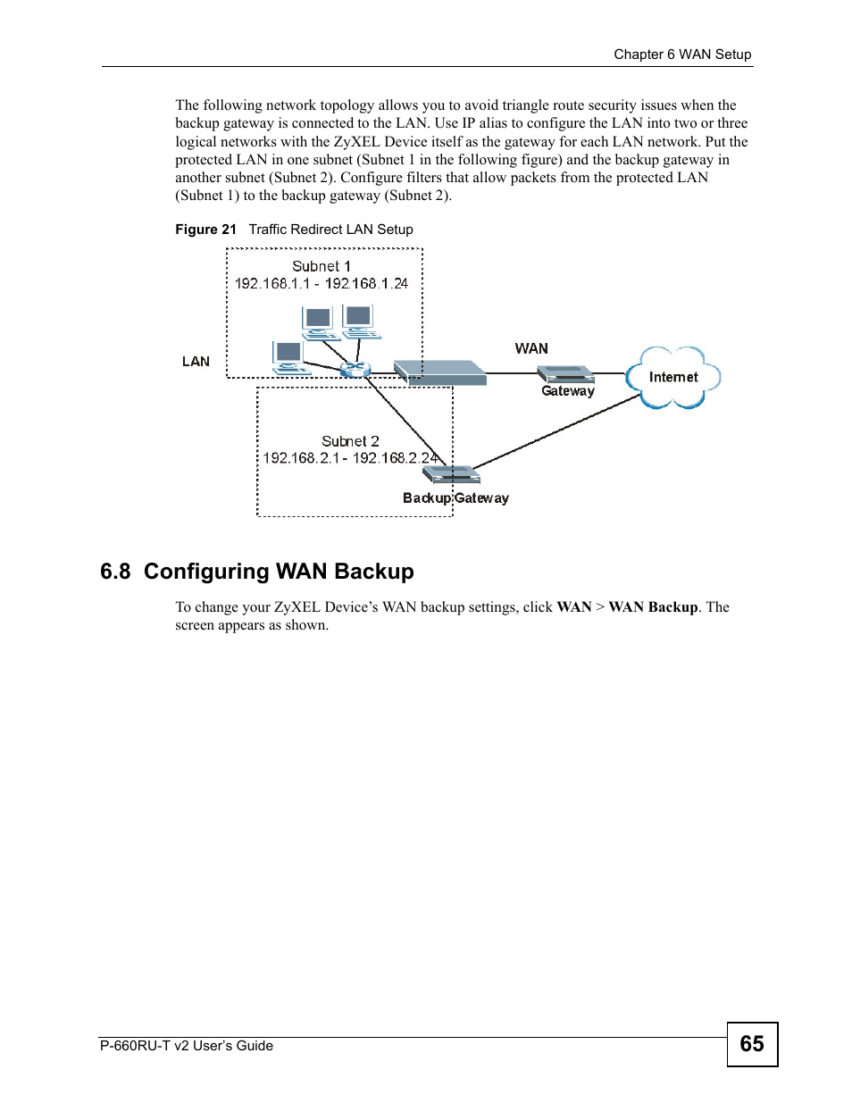 8 configuring wan backup, Figure 21 traffic redirect lan setup | ZyXEL Communications P-660RU-T V2 User Manual | Page 65 / 168