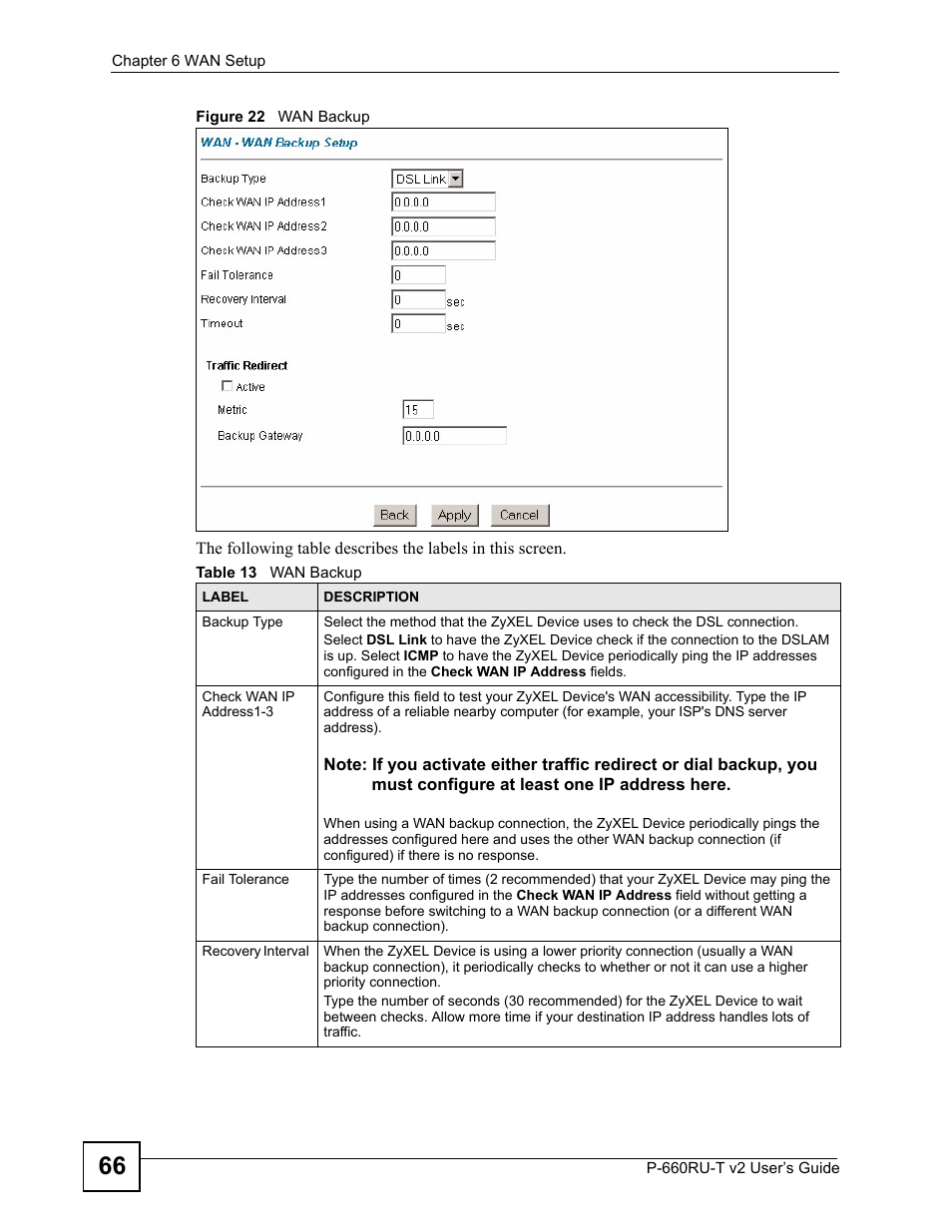 Figure 22 wan backup, Table 13 wan backup | ZyXEL Communications P-660RU-T V2 User Manual | Page 66 / 168