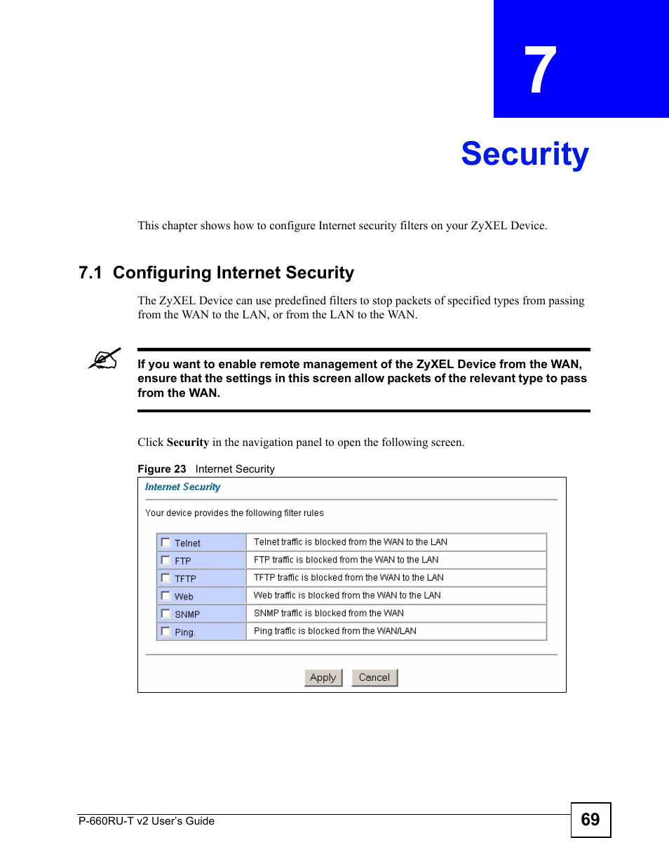Security, 1 configuring internet security, Chapter 7 security | Figure 23 internet security, Security (69) | ZyXEL Communications P-660RU-T V2 User Manual | Page 69 / 168