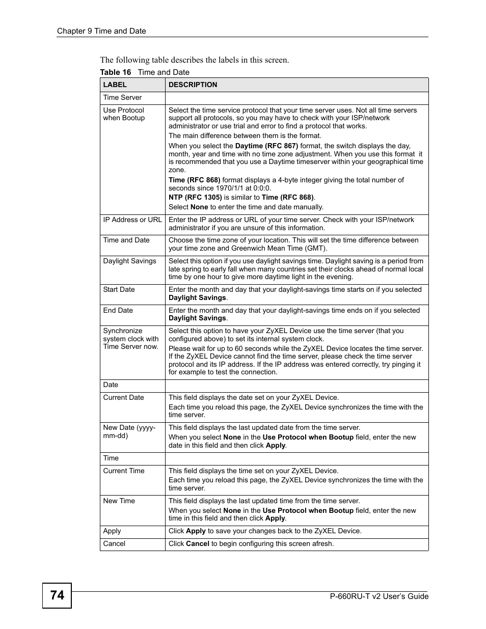 Table 16 time and date | ZyXEL Communications P-660RU-T V2 User Manual | Page 74 / 168