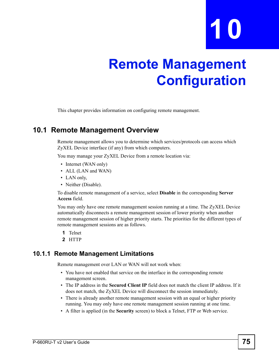 Remote management configuration, 1 remote management overview, 1 remote management limitations | Chapter 10 remote management configuration, Remote management configuration (75) | ZyXEL Communications P-660RU-T V2 User Manual | Page 75 / 168