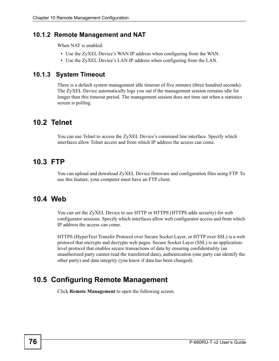 2 remote management and nat, 3 system timeout, 2 telnet | 3 ftp, 4 web, 5 configuring remote management, 2 remote management and nat 10.1.3 system timeout | ZyXEL Communications P-660RU-T V2 User Manual | Page 76 / 168