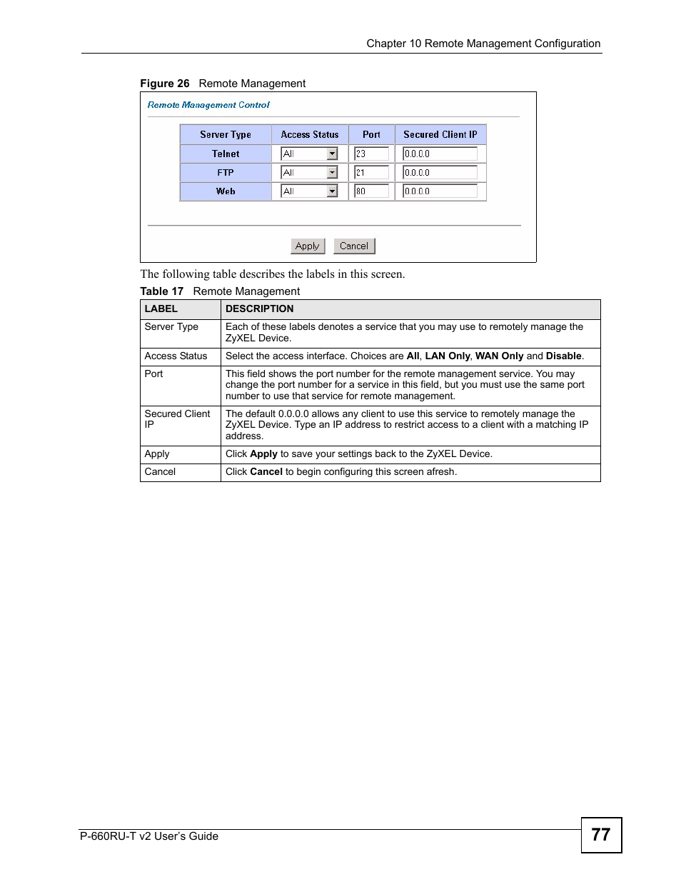 Figure 26 remote management, Table 17 remote management | ZyXEL Communications P-660RU-T V2 User Manual | Page 77 / 168