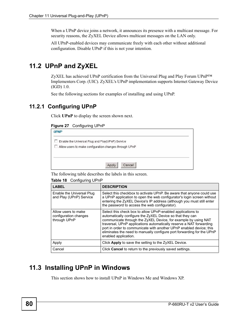 2 upnp and zyxel, 1 configuring upnp, 3 installing upnp in windows | Figure 27 configuring upnp, Table 18 configuring upnp | ZyXEL Communications P-660RU-T V2 User Manual | Page 80 / 168