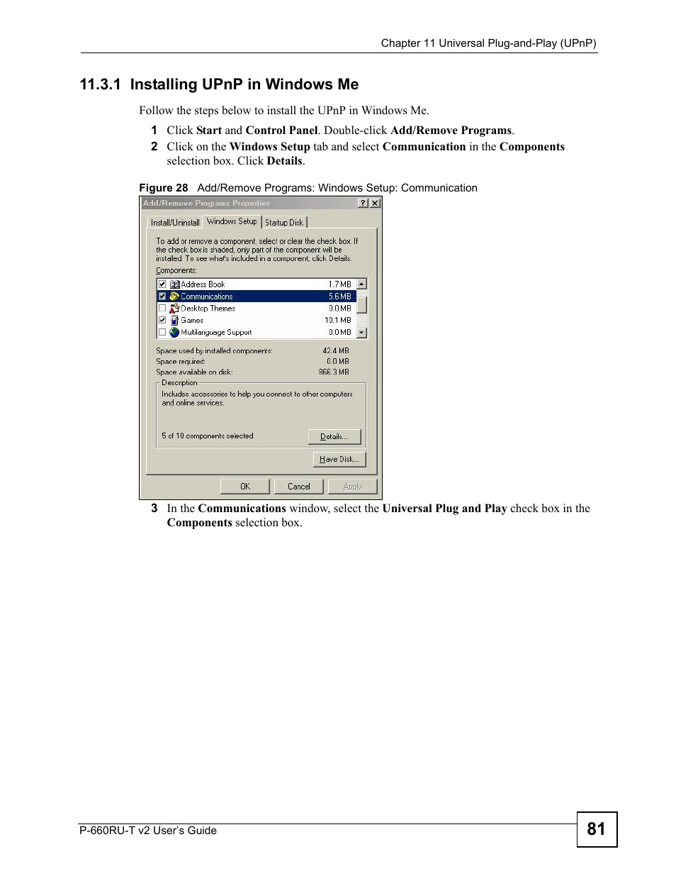 1 installing upnp in windows me | ZyXEL Communications P-660RU-T V2 User Manual | Page 81 / 168