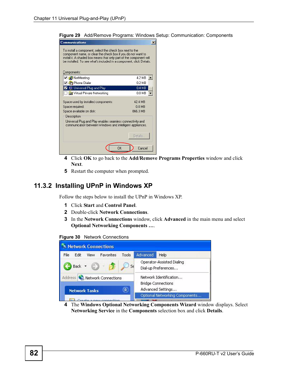 2 installing upnp in windows xp | ZyXEL Communications P-660RU-T V2 User Manual | Page 82 / 168