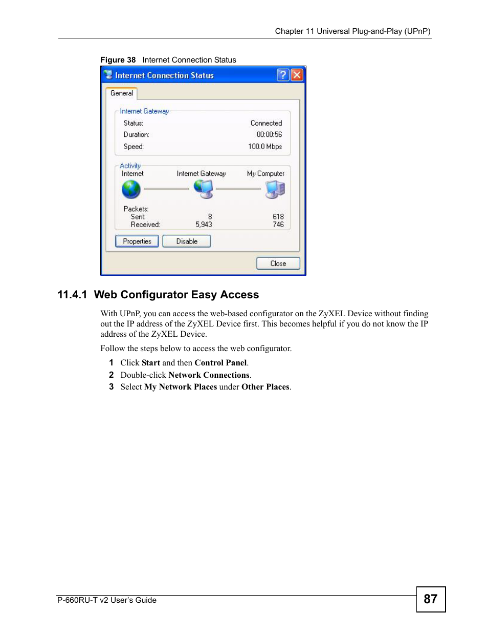 1 web configurator easy access, Figure 38 internet connection status | ZyXEL Communications P-660RU-T V2 User Manual | Page 87 / 168