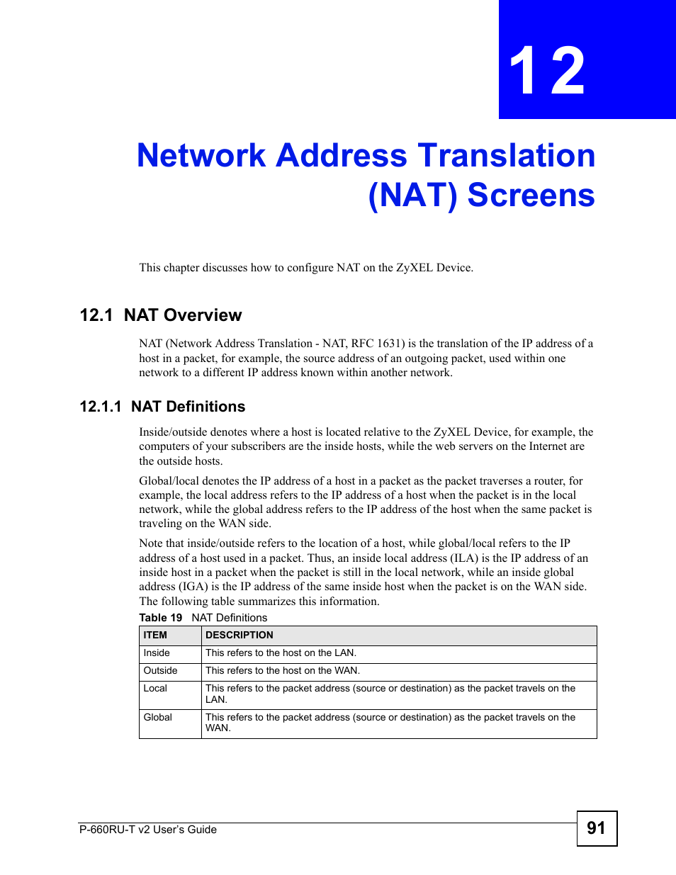 Network address translation (nat) screens, 1 nat overview, 1 nat definitions | Table 19 nat definitions, Network address translation (nat) screens (91) | ZyXEL Communications P-660RU-T V2 User Manual | Page 91 / 168