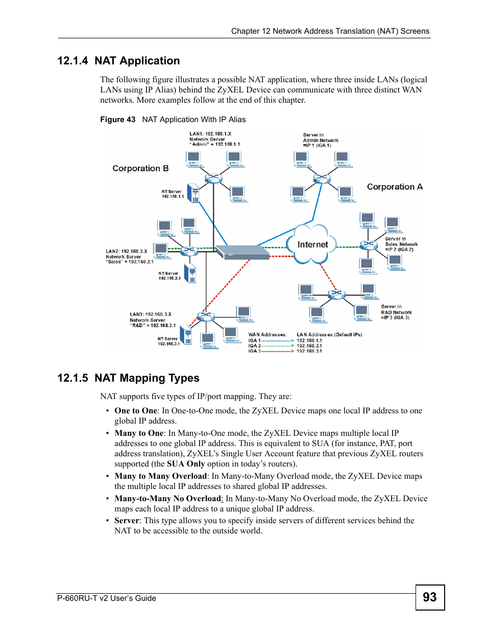 4 nat application, 5 nat mapping types, 4 nat application 12.1.5 nat mapping types | Figure 43 nat application with ip alias | ZyXEL Communications P-660RU-T V2 User Manual | Page 93 / 168