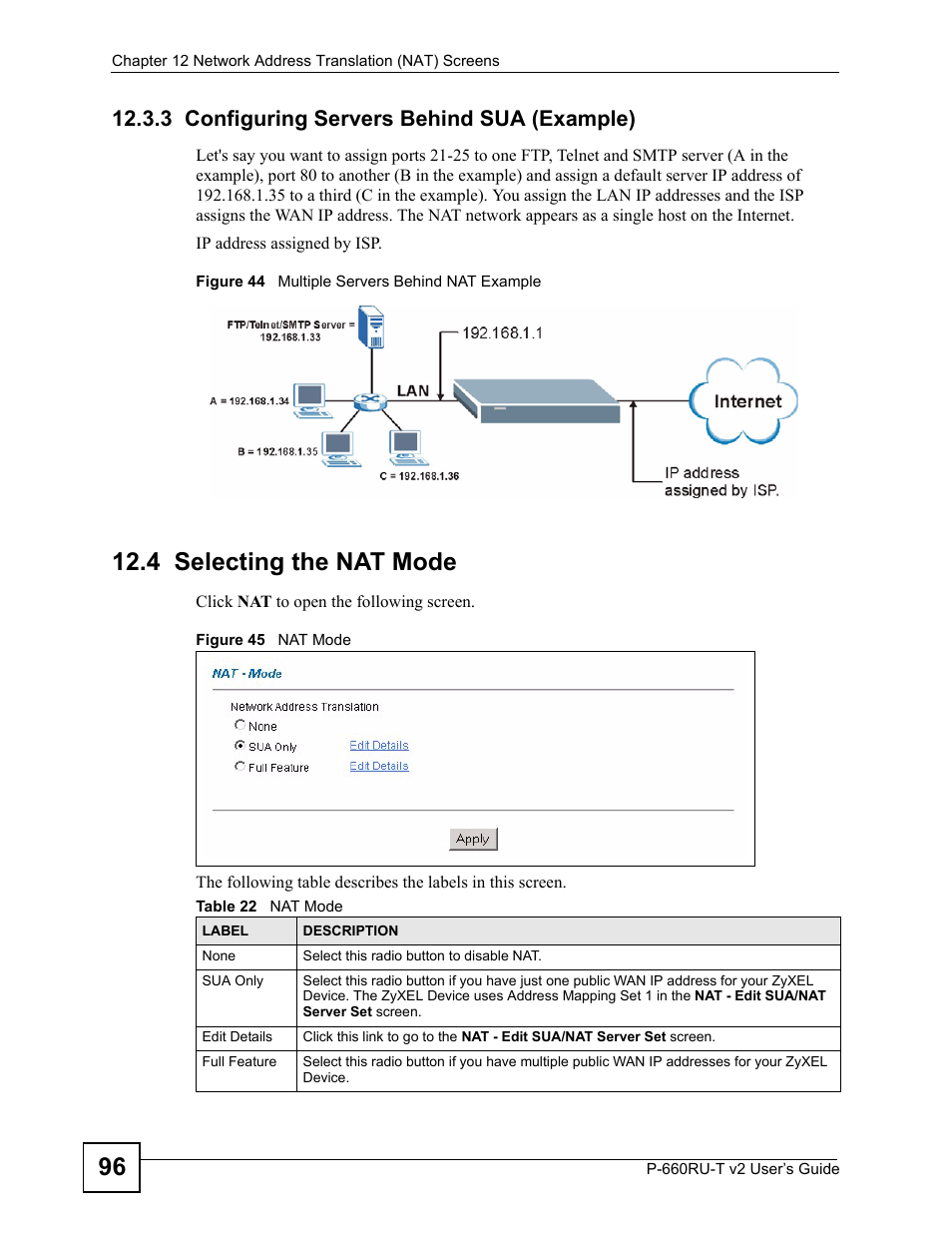 3 configuring servers behind sua (example), 4 selecting the nat mode, Table 22 nat mode | ZyXEL Communications P-660RU-T V2 User Manual | Page 96 / 168