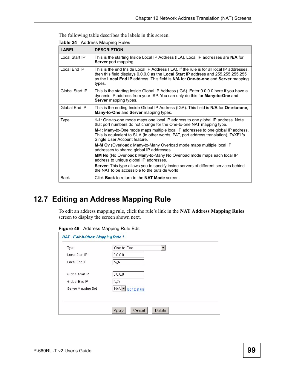 7 editing an address mapping rule, Figure 48 address mapping rule edit, Table 24 address mapping rules | ZyXEL Communications P-660RU-T V2 User Manual | Page 99 / 168