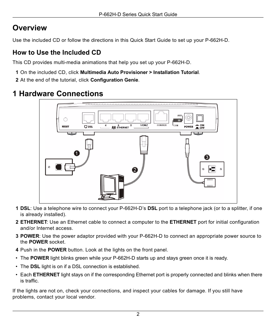 Overview, 1 hardware connections, How to use the included cd | ZyXEL Communications P-662H-D User Manual | Page 2 / 5