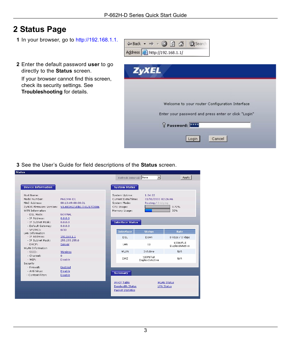 2 status page | ZyXEL Communications P-662H-D User Manual | Page 3 / 5