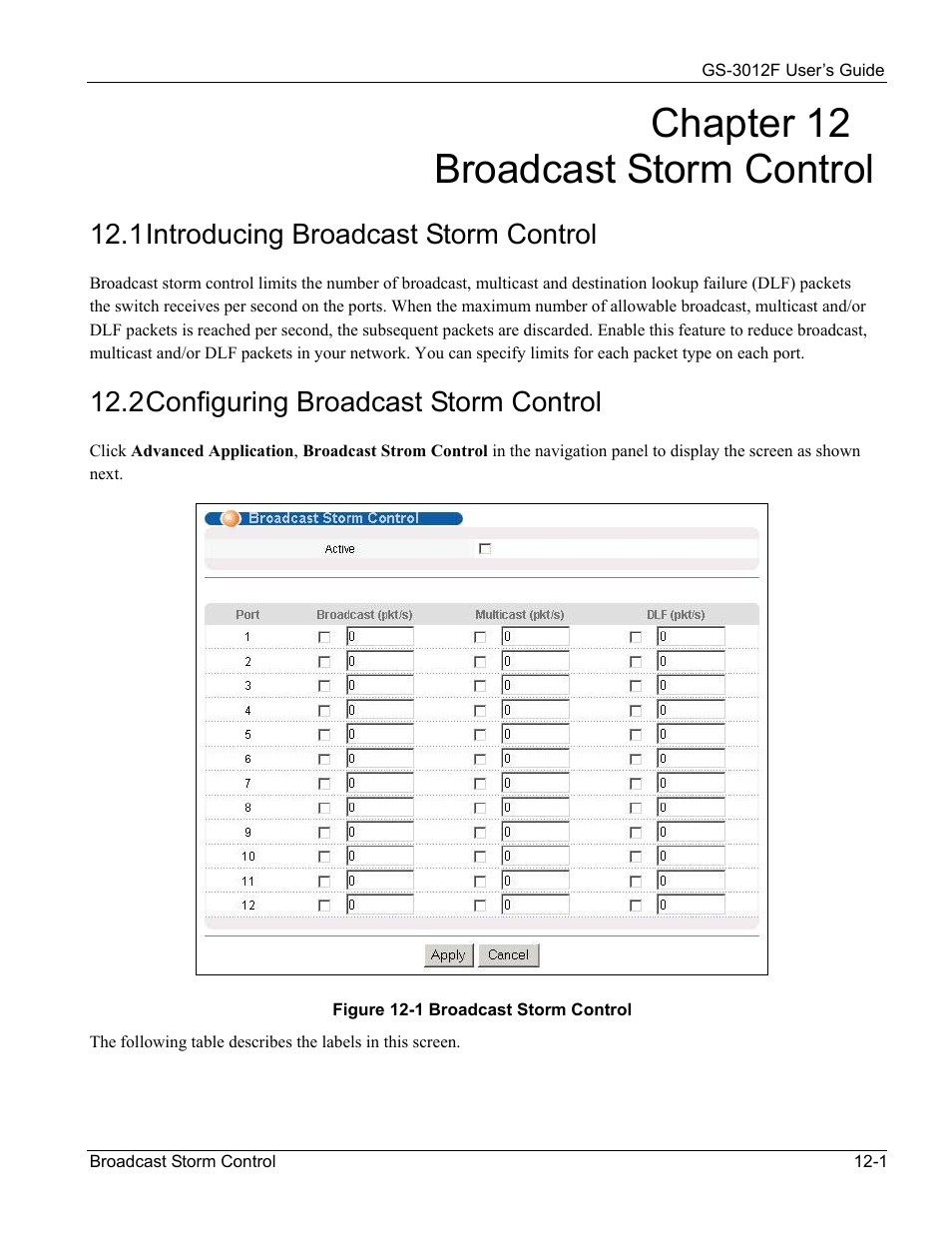 Chapter 12 broadcast storm control, 1 introducing broadcast storm control, 2 configuring broadcast storm control | ZyXEL Communications ZyXEL Dimension GS-3012F User Manual | Page 105 / 237