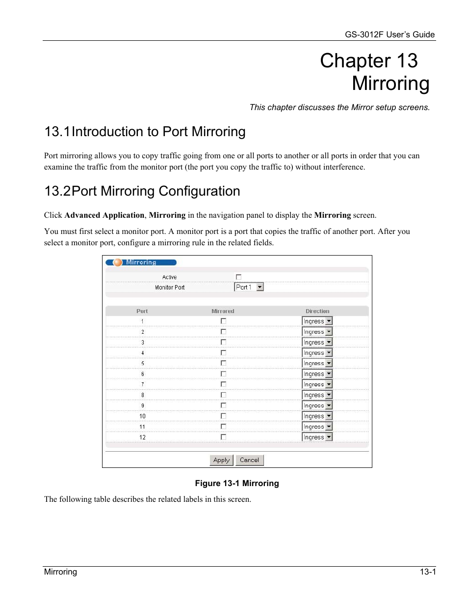 Chapter 13 mirroring, 1 introduction to port mirroring, 2 port mirroring configuration | ZyXEL Communications ZyXEL Dimension GS-3012F User Manual | Page 107 / 237