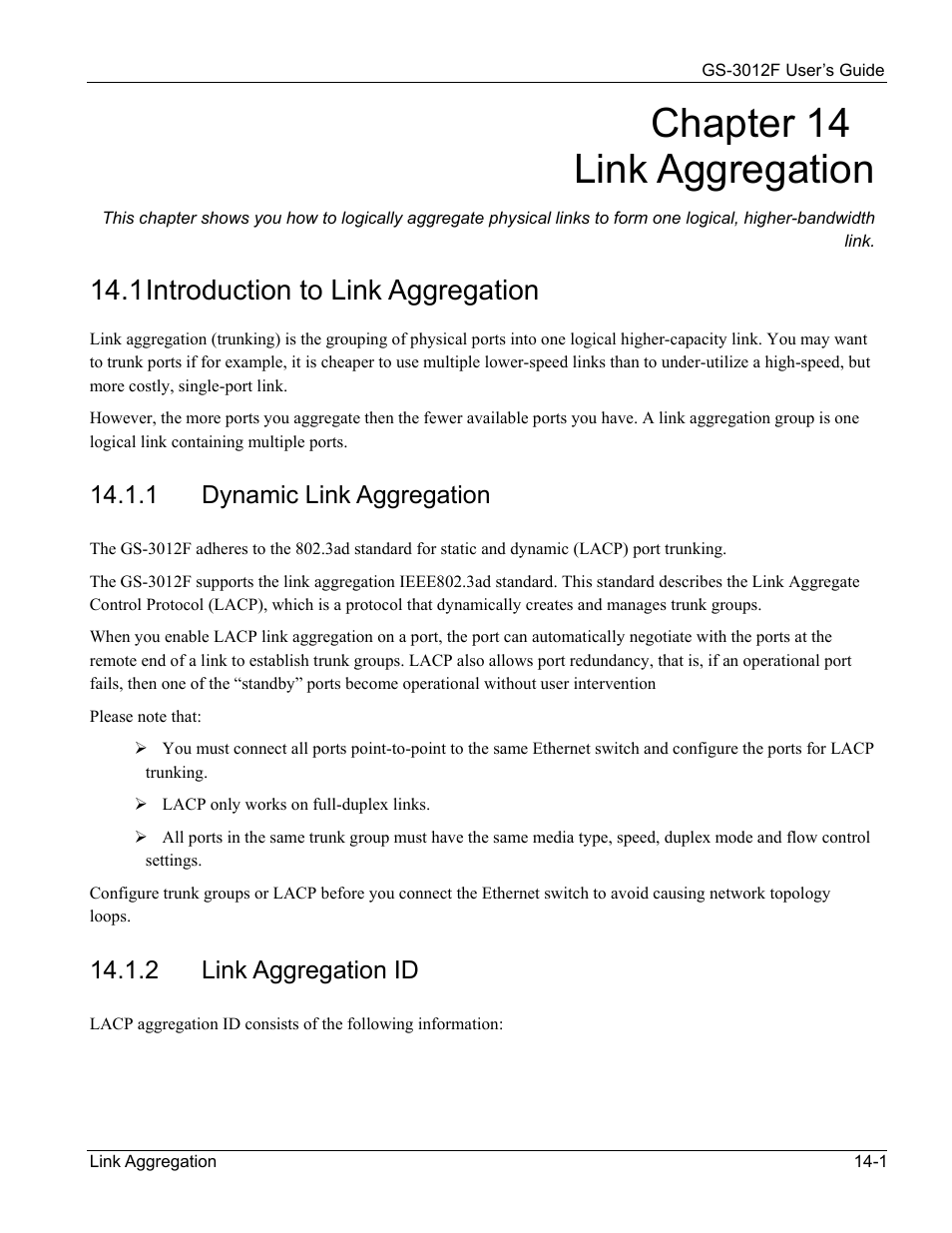 Dynamic link aggregation, Link aggregation id, Chapter 14 link aggregation | 1 introduction to link aggregation, 1 dynamic link aggregation, 2 link aggregation id | ZyXEL Communications ZyXEL Dimension GS-3012F User Manual | Page 109 / 237