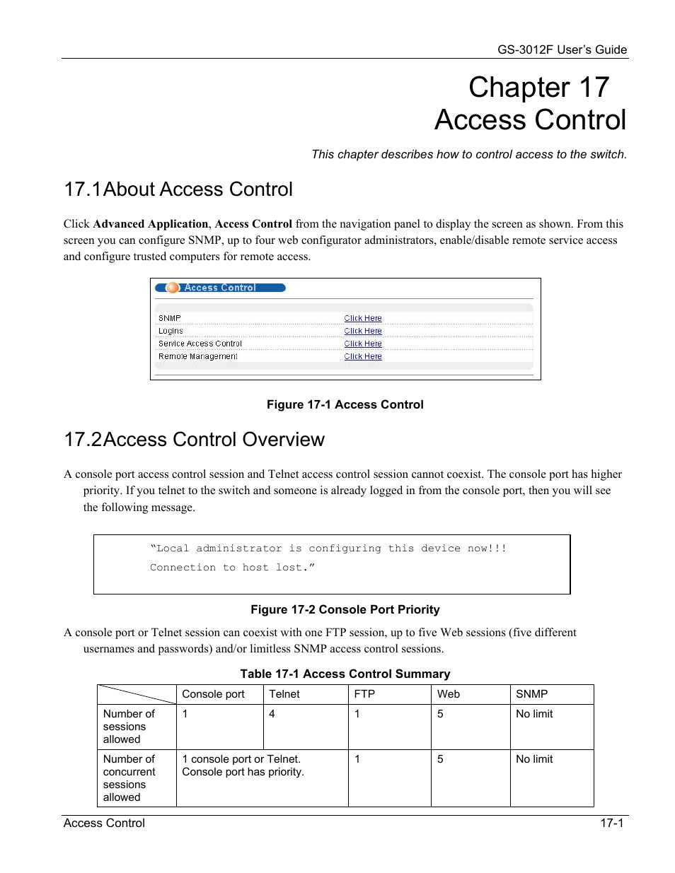 Chapter 17 access control, 1 about access control, 2 access control overview | ZyXEL Communications ZyXEL Dimension GS-3012F User Manual | Page 121 / 237