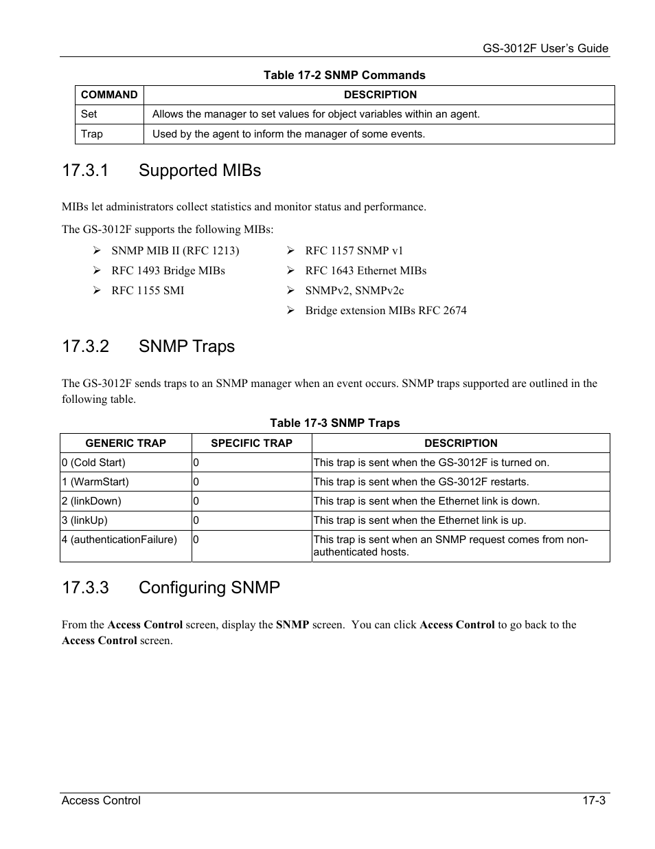 Supported mibs, Snmp traps, Configuring snmp | 1 supported mibs, 2 snmp traps, 3 configuring snmp | ZyXEL Communications ZyXEL Dimension GS-3012F User Manual | Page 123 / 237