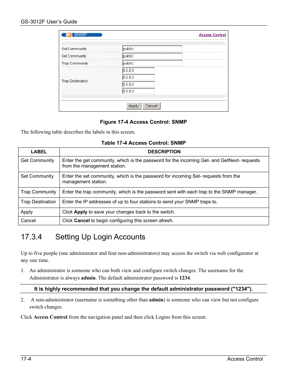 Setting up login accounts, 4 setting up login accounts | ZyXEL Communications ZyXEL Dimension GS-3012F User Manual | Page 124 / 237