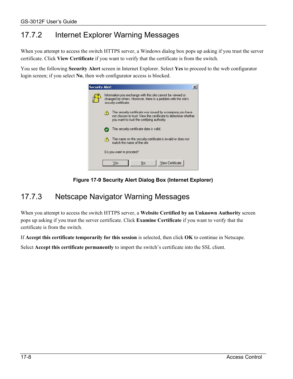Internet explorer warning messages, Netscape navigator warning messages, 2 internet explorer warning messages | 3 netscape navigator warning messages | ZyXEL Communications ZyXEL Dimension GS-3012F User Manual | Page 128 / 237