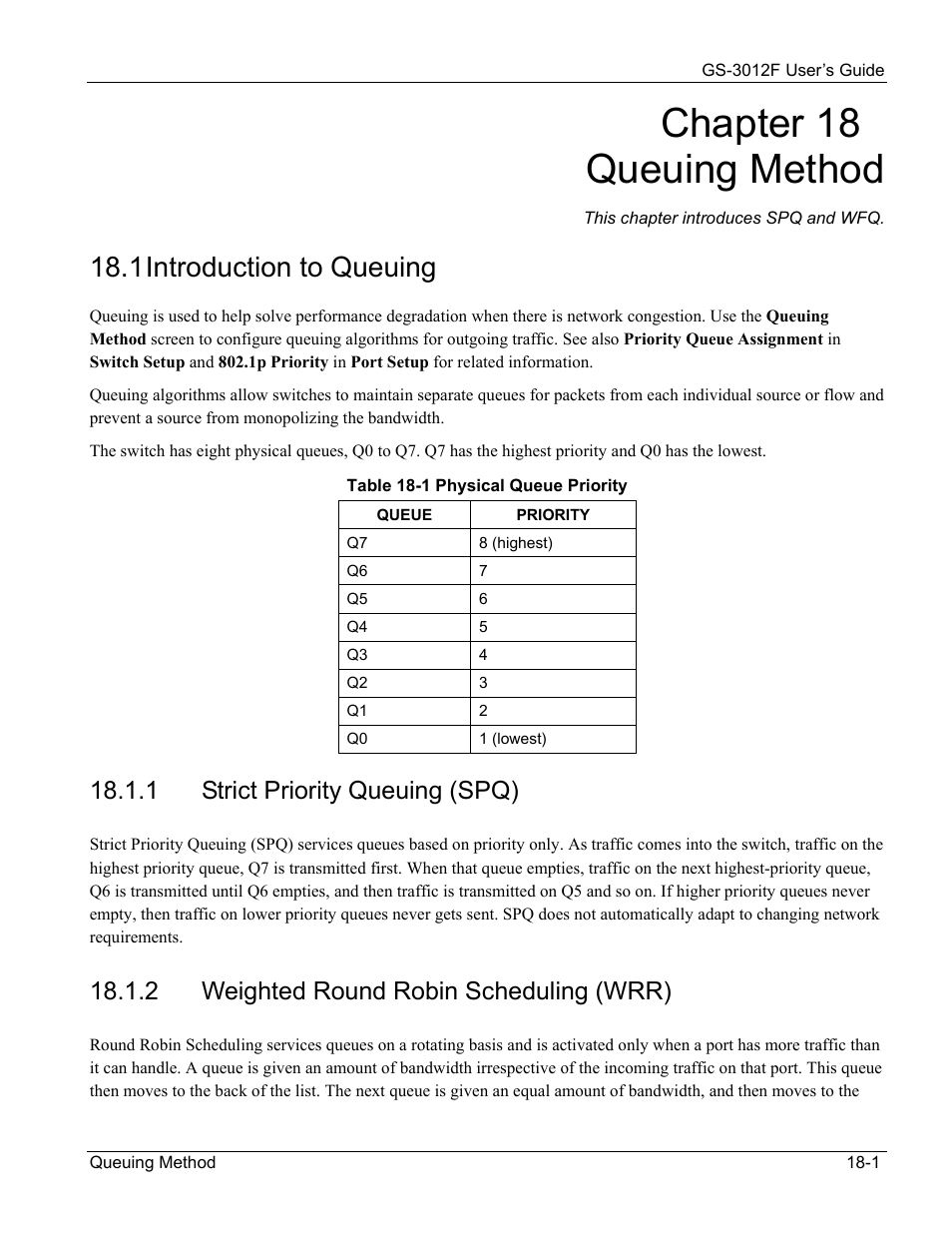 Strict priority queuing (spq), Weighted round robin scheduling (wrr), Chapter 18 queuing method | 1 introduction to queuing, 1 strict priority queuing (spq), 2 weighted round robin scheduling (wrr) | ZyXEL Communications ZyXEL Dimension GS-3012F User Manual | Page 133 / 237