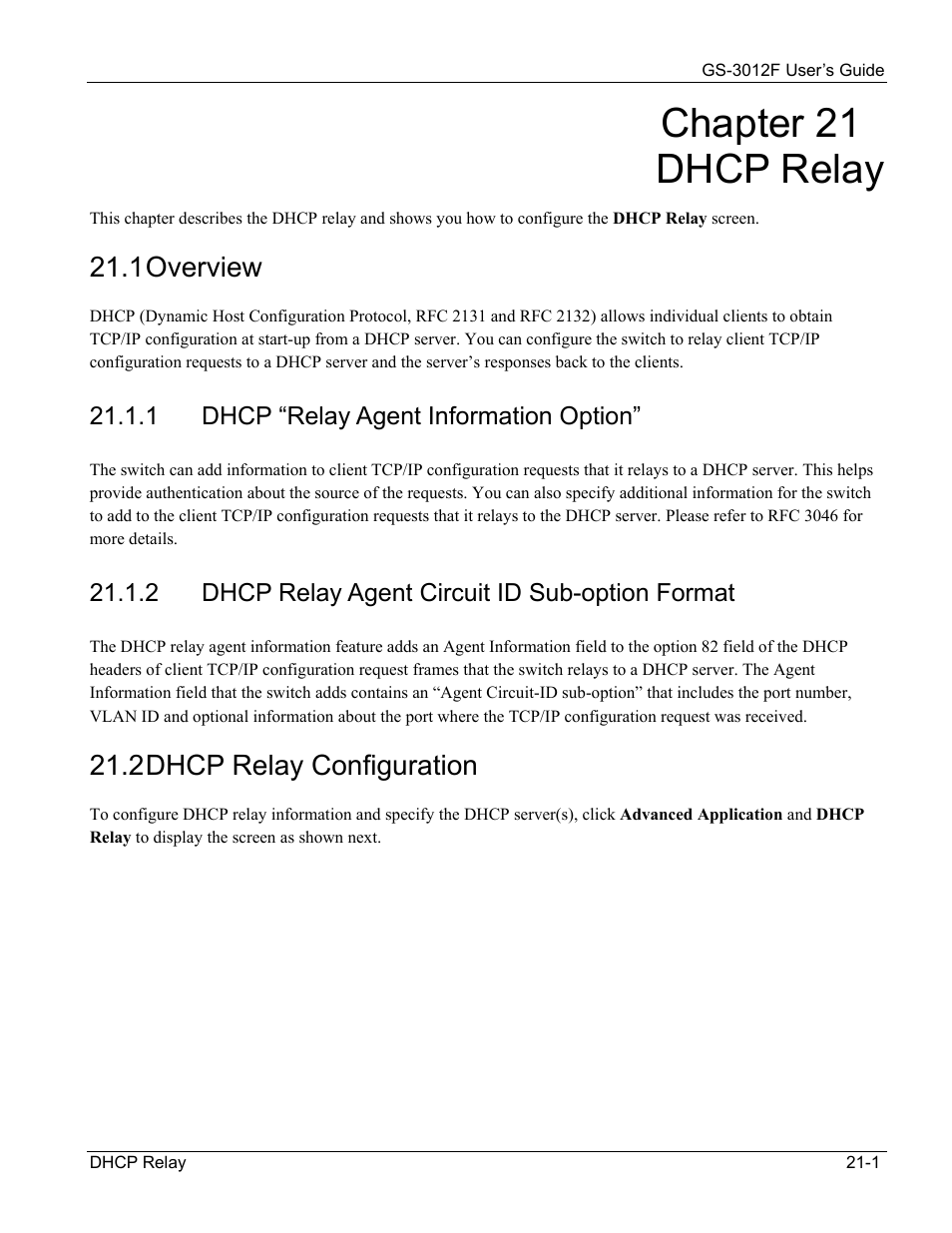 Dhcp “relay agent information option, Dhcp relay agent circuit id sub-option format, Chapter 21 dhcp relay | 1 overview, 2 dhcp relay configuration | ZyXEL Communications ZyXEL Dimension GS-3012F User Manual | Page 149 / 237