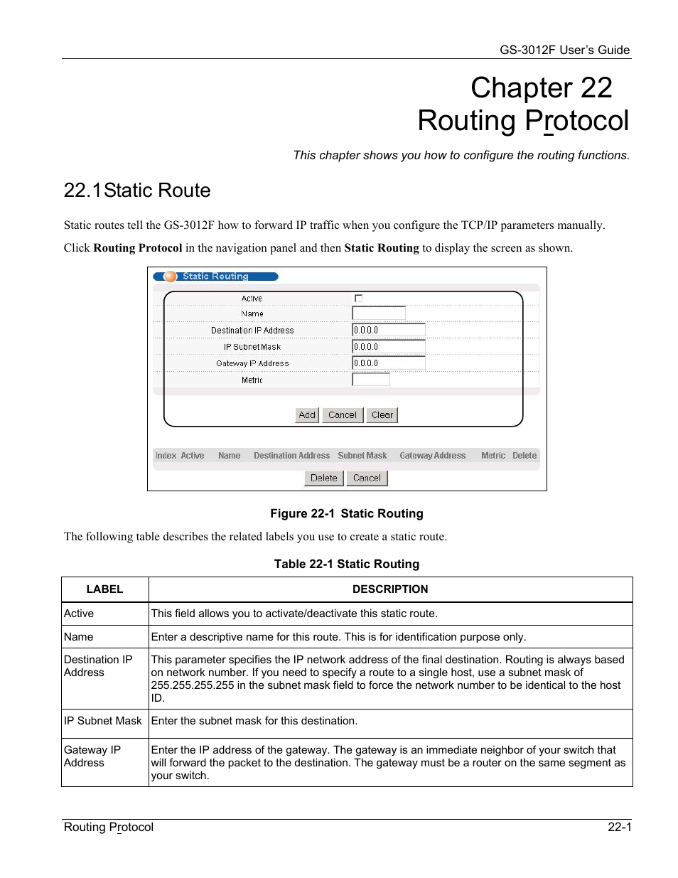 Chapter 22 routing protocol, 1 static route | ZyXEL Communications ZyXEL Dimension GS-3012F User Manual | Page 153 / 237