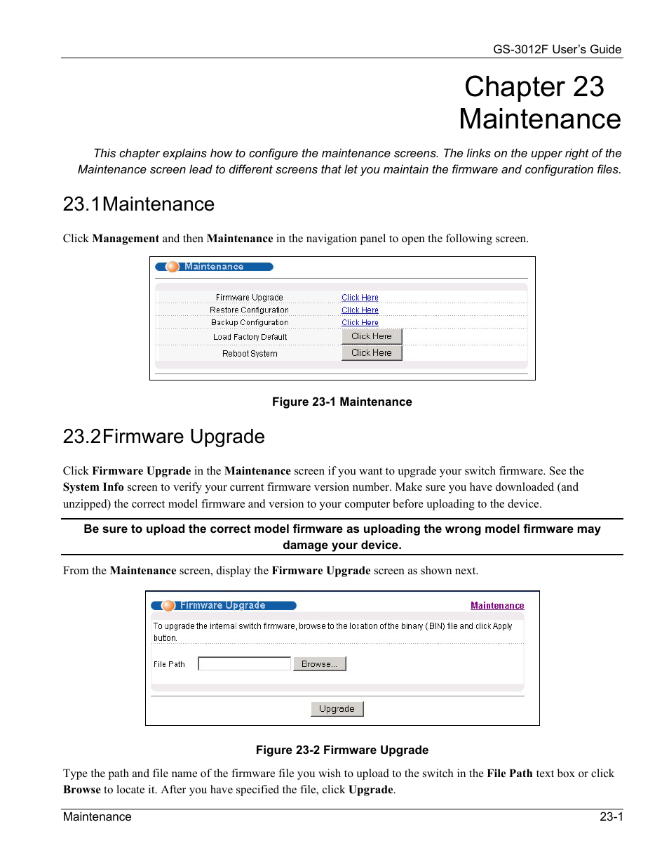 Chapter 23 maintenance, 1 maintenance, 2 firmware upgrade | ZyXEL Communications ZyXEL Dimension GS-3012F User Manual | Page 155 / 237
