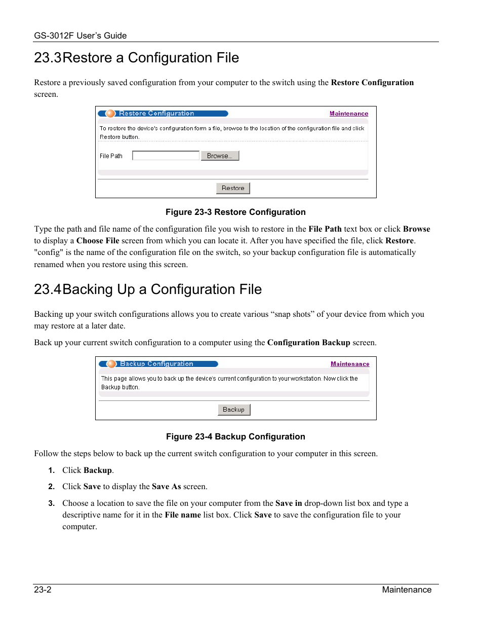 3 restore a configuration file, 4 backing up a configuration file | ZyXEL Communications ZyXEL Dimension GS-3012F User Manual | Page 156 / 237